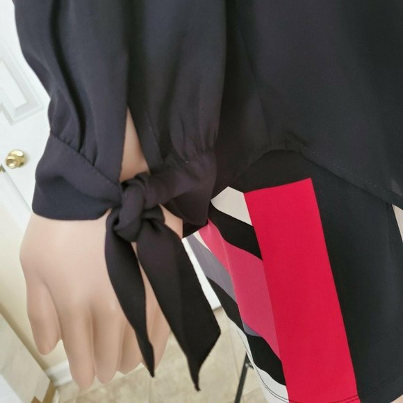 Fever Women's Sheer Lace Trim Inset Long Sleeve Tie Cuff Blouse Black Sz Medium - Picture 7 of 9